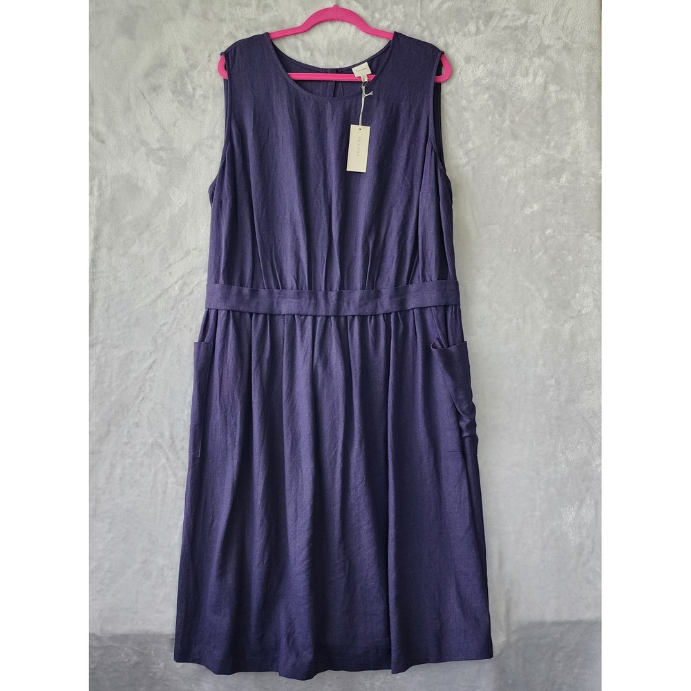 Pleione Linen Blend Dress Womens Size 2X Patch Pockets Tie Back Blue NWT